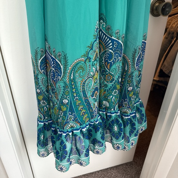 Boston Proper Green and Blue Multi Paisley Ruffle High Neck Maxi Dress - Picture 7 of 7